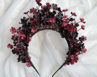 Black burgundy gothic crown Black flower headband Gothic wedding crown Halloween crown