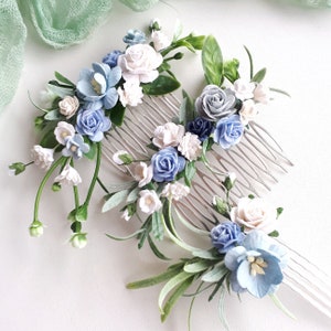 Dusty blue bridal hair piece White and blue floral hair pins Blue wedding hair comb image 10