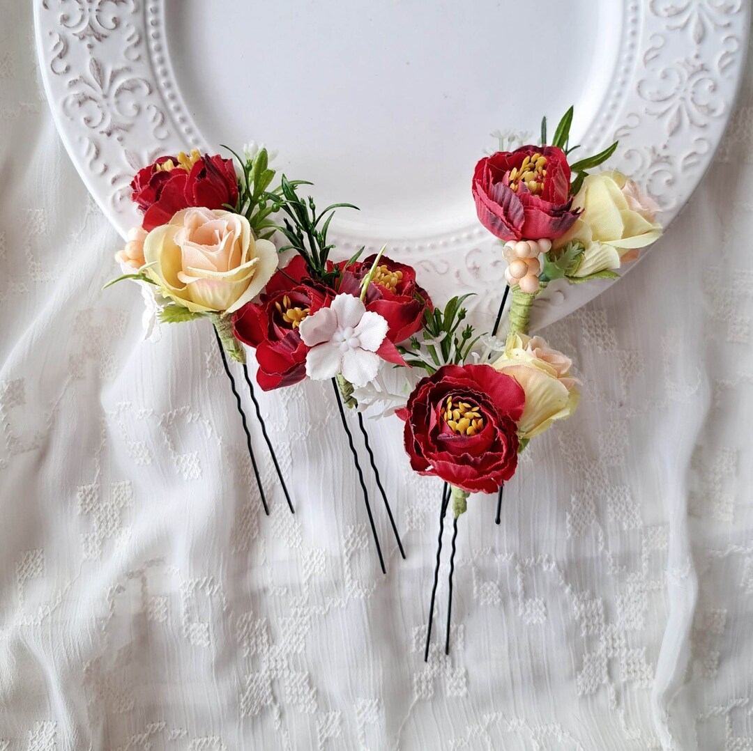 Dark Red Hair Pins for Wedding Burgundy Flower Hair Piece for Bride Set