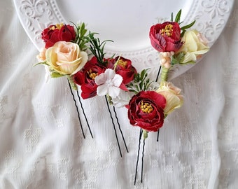 Dark red hair pins for wedding Burgundy flower hair piece for bride Set floral hair pins