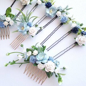 Morceau de mariée bleu poudré Épingles à fleurs blanches et bleues Peigne à cheveux de mariée bleu image 8