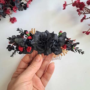Black burgundy gold wedding flower comb Gothic bridal flower comb Black gold wedding hair piece