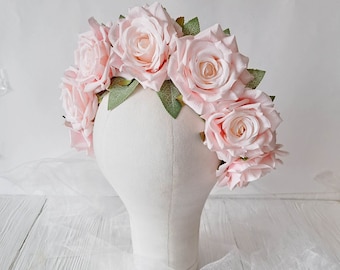 Blush rosa Blumen Haarband Blassrosa Hochzeit Blumenkrone Rosa Rose Brautkrone