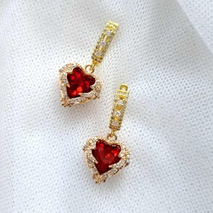 Red gold heart earrings Red wedding drop earrings Red crystal bridal earrings Valentine&#39;s day womens gold earrings