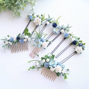 Dusty blue bridal hair piece White and blue floral hair pins Blue wedding hair comb image 7