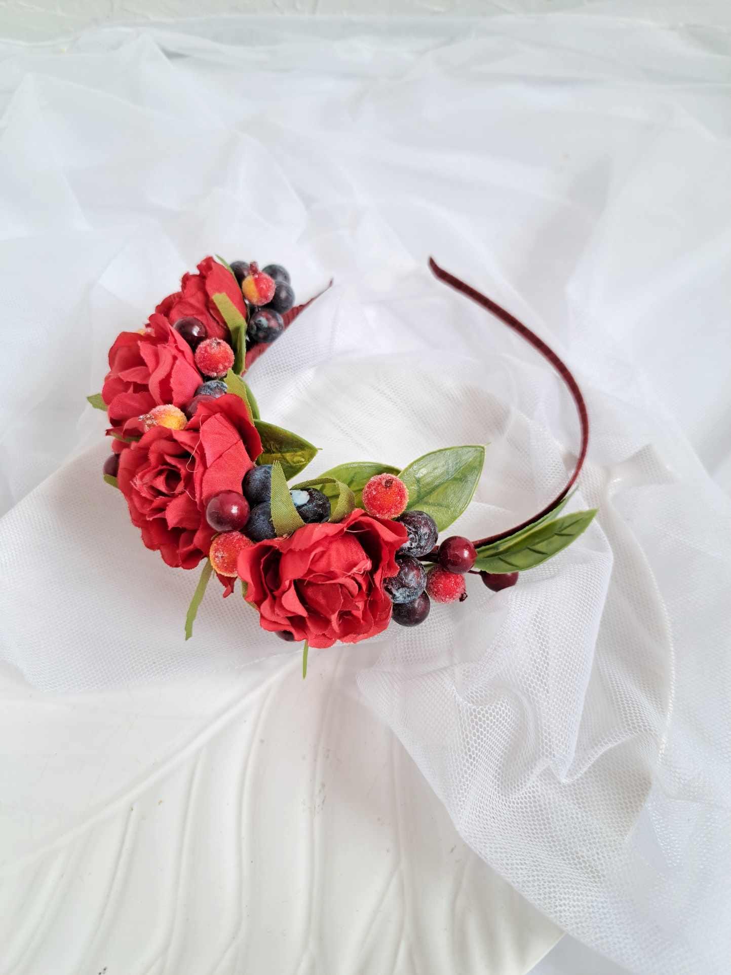 Red Floral Headband with Roses Red Rose Flower Crown: Bridal Headband, Flower Girl  main image 3