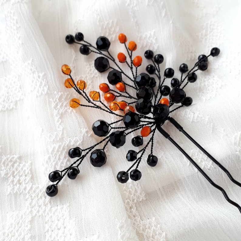 Black and orange gothic hair piece Black wedding hair pin image 2