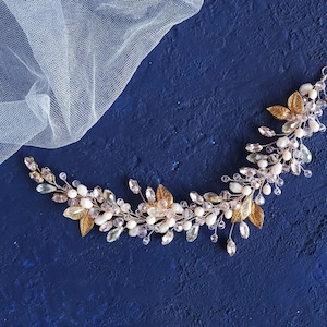 Gold and pink bridal hair piece Leaf wedding hair vine