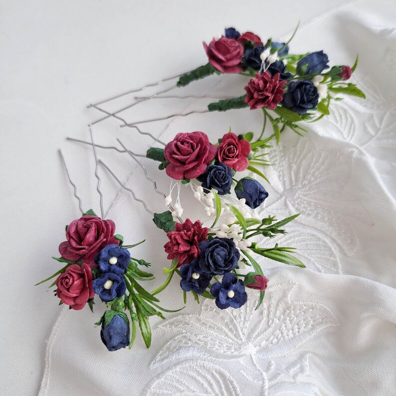 Burgundy Navy Blue Flower Hair Pins Burgundy Wedding Hair Piece Maroon