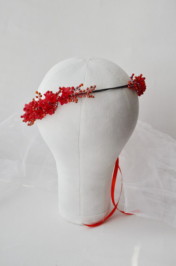 Red Wedding Crown Red Flowers Bridal Headband Red Crystal  display picture 2