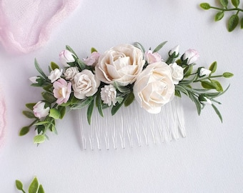 White bridal flower comb Greenery hair piece for bride