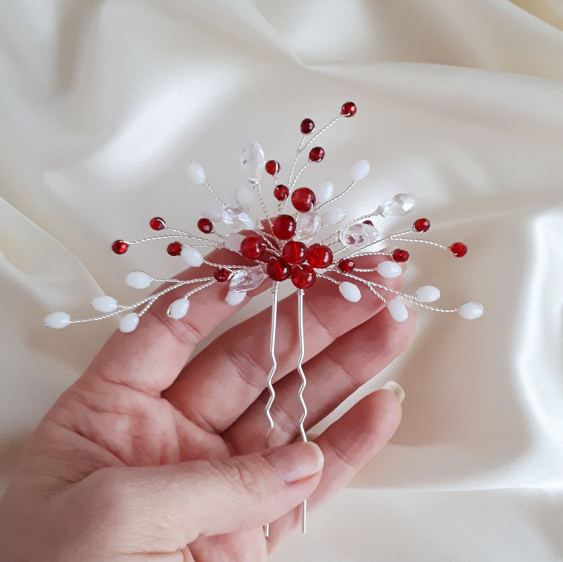 Red Wedding Hair Piece for Bride Silver Bridal Hair Pins Etsy Australia