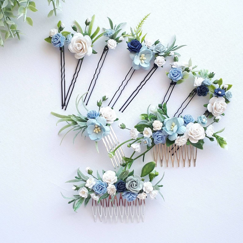 Dusty blue bridal hair piece White and blue floral hair pins Blue wedding hair comb image 2