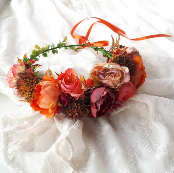 Fall Flower Crown Burgundy Orange Bridal Head Piece Rust  display picture 2