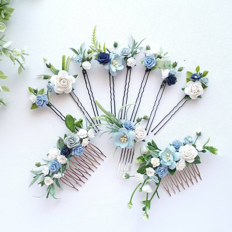 Dusty blue bridal hair piece White and blue floral hair pins Blue wedding hair comb set 3 comb + 8 pins