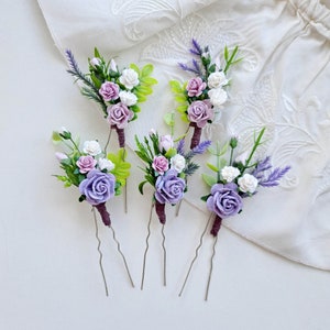 Purple flower hair pins Lavender wedding floral hair piece Set flower hair pins