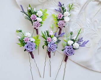 Purple flower hair pins Lavender wedding floral hair piece Set flower hair pins