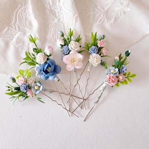 Pale blue bridal hair pins Dusty blue pink  flower hair piece Blue pink floral hair pins