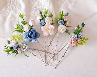 Pale blue bridal hair pins Dusty blue pink  flower hair piece Blue pink floral hair pins