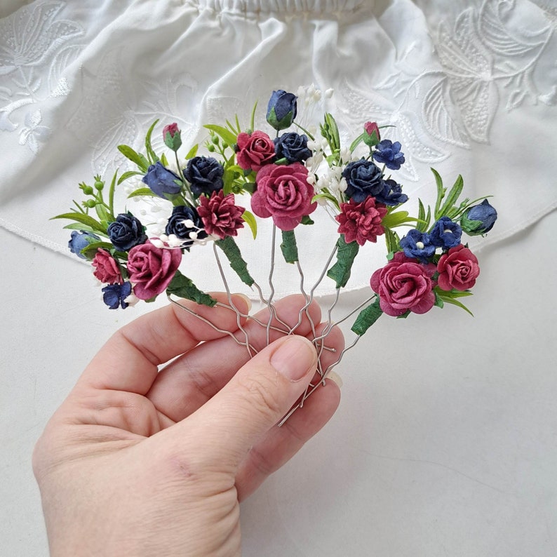 Peigne à cheveux à fleurs marron Pièce de cheveux de mariage bordeaux Peigne à cheveux floral bleu marine flower hair pins set