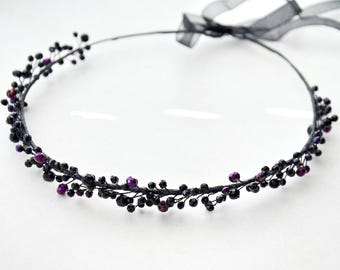 Black dark purple crown, Gothic wedding headpiece, Black crystals tiara, Black bridesmaid crown