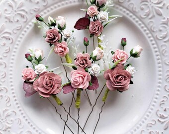 Dusty Pink Flower Hair Pins Pink Burgundy Wedding Hair Pins  display picture 1