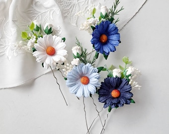 White and blue flower hair pins Blue bridal hair piece Set dried floral hair pins