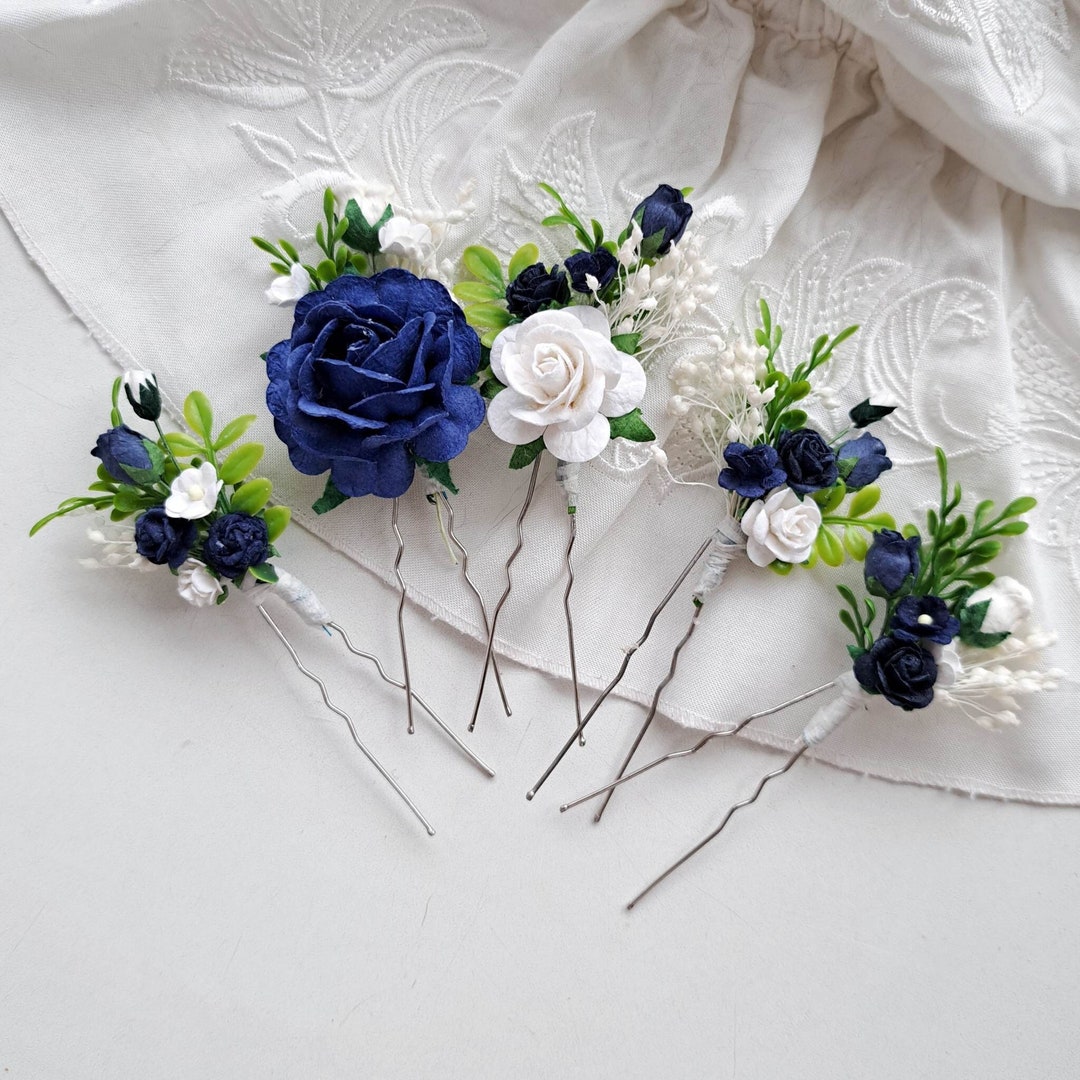 Navy Blue Flower Hair Pins Blue White Bridal Hair Piece Set Dried