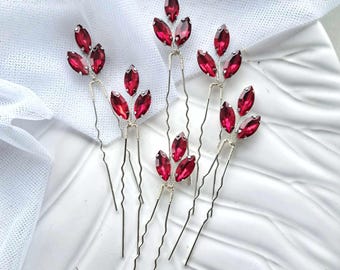 Red crystal wedding hair pins set Rhinestones red bridesmaid hair pin Red wedding hairpiece Red bridal hair piece for wedding