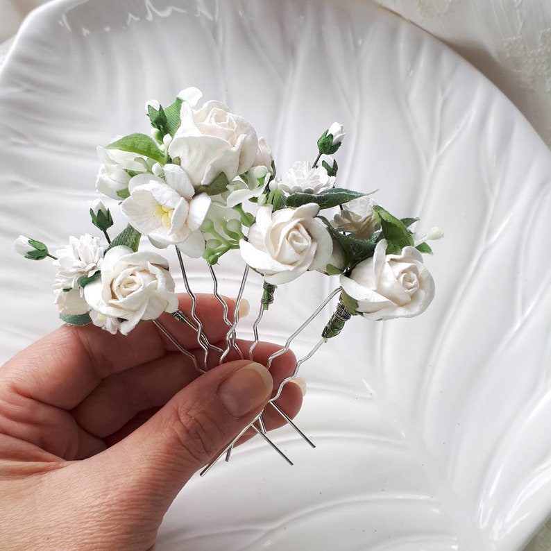 White rose bridal hair pins Flower wedding hair piece image 6