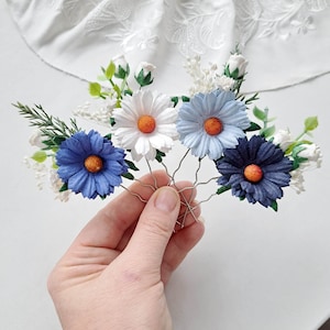 Blue bridal hair piece White and blue flower hair pins  Set dried floral hair pins
