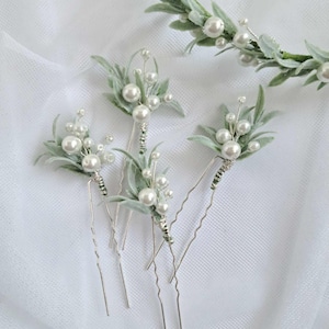 Horquillas para el pelo de boda con perlas blancas y vegetación Tocado de flores para novia Horquillas para el pelo con perlas para dama de honor Tocado de boda bohemio