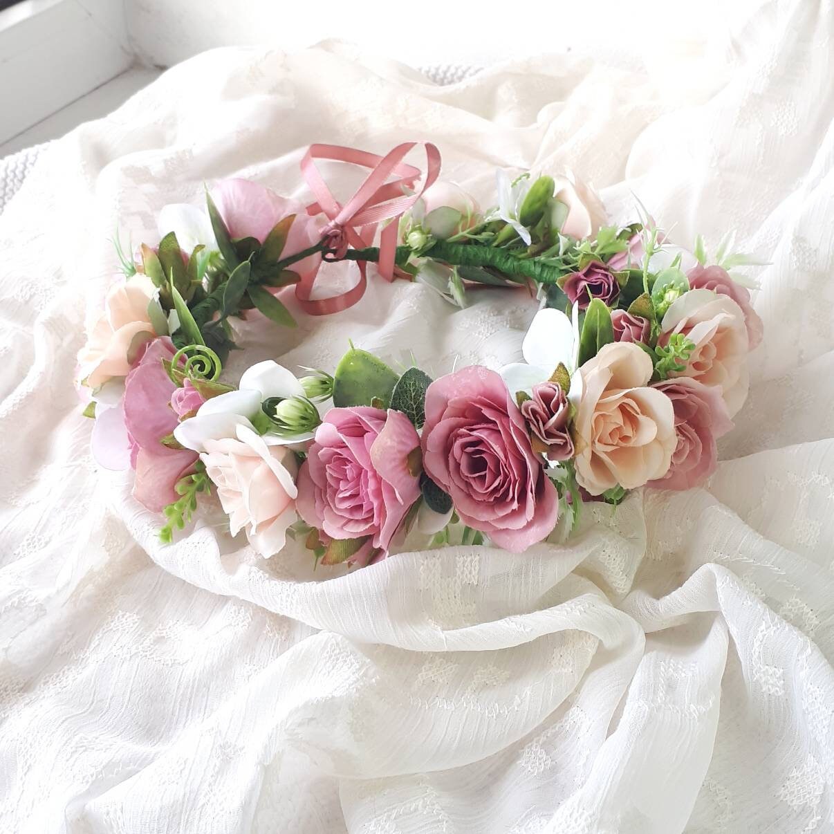 Stunning Handmade Pink Pastel Spring Rose Goddess Flower Crown. Pink Rose Flower Crown: Baby, Child, Adult Floral Headpiece  main image 4
