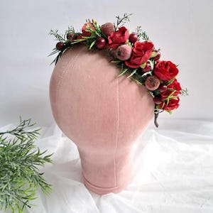 Red and green christmas flowers headband Frozen christmas headband Winter photo props Red wedding flower crown Winter hair piece
