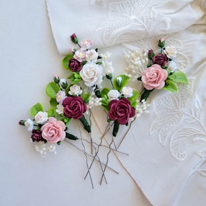 Burgundy pink flower hair pins Marsala wedding hair piece Set dried floral hair pins
