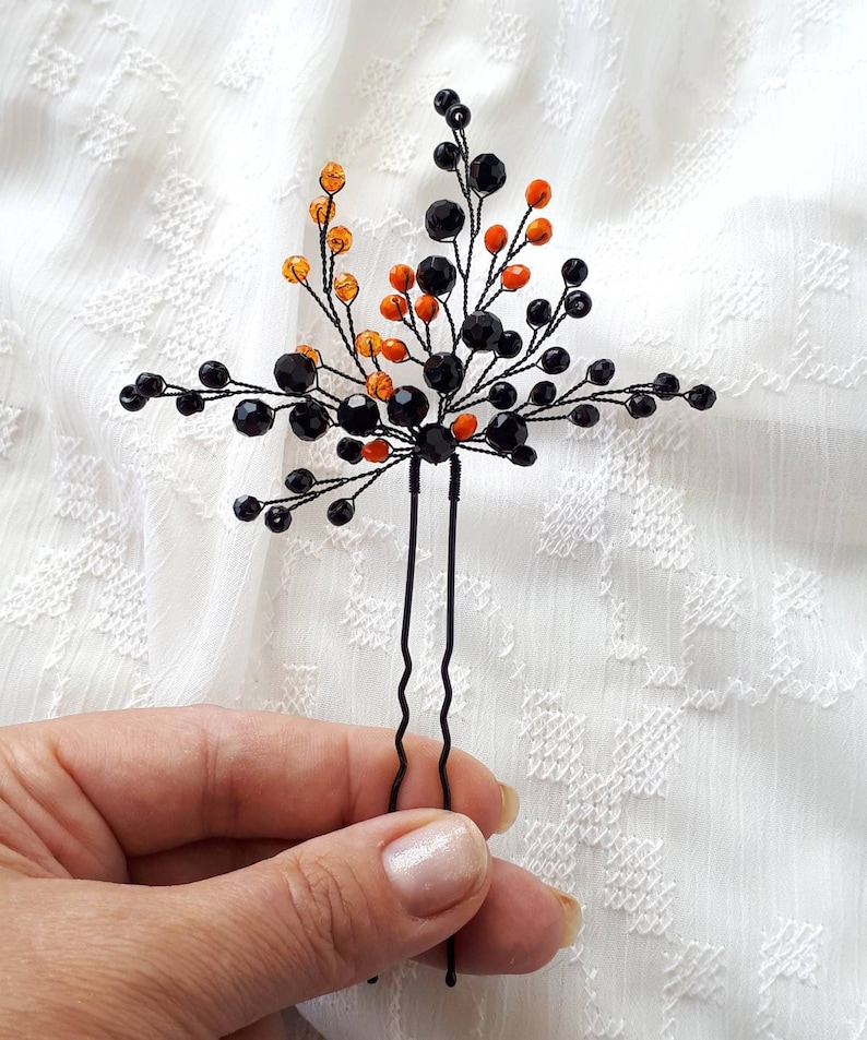 Black and orange gothic hair piece Black wedding hair pin image 3