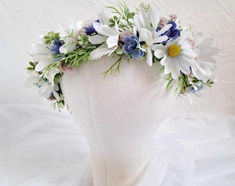 Chamomile flower crown Wildflowers headpiece White blue bridal flower crown Meadow flower wedding crown