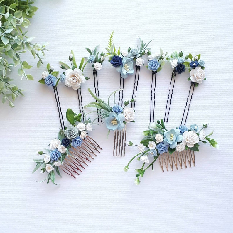 Dusty blue bridal hair piece White and blue floral hair pins Blue wedding hair comb image 6