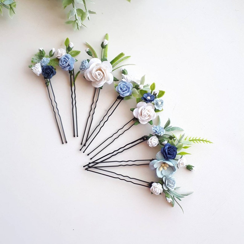Dusty blue bridal hair piece White and blue floral hair pins Blue wedding hair comb set 8 pins