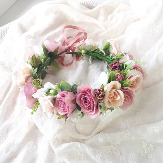 Jacqueline hand crafted bridal Flower Crown dusty pink/white Bridal Flower Crown Dusty Pink, Mauve and Blush Flowers  main image 4