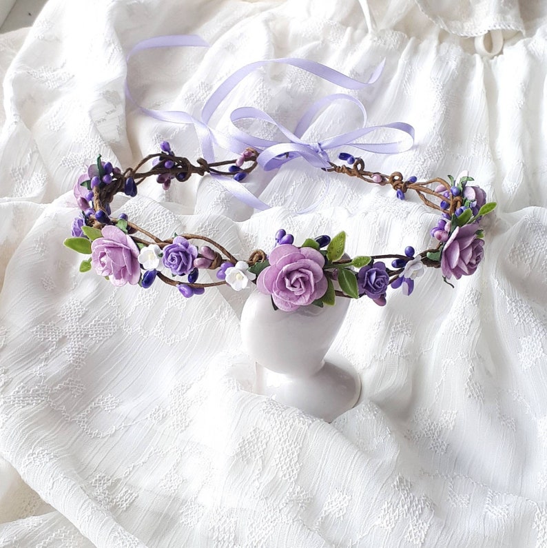 Purple boho flower crown Lavender bridal head piece image 1