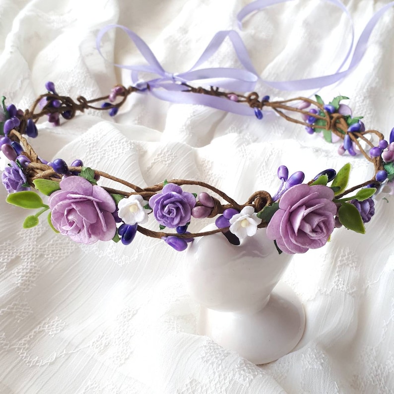 Purple boho flower crown Lavender bridal head piece image 2