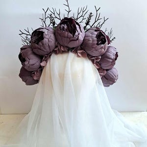 Dark purple wedding flower headband Purple black gothic flower crown Dia de los muertos crown Halloween wedding crown
