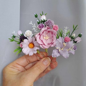 Purple pink flower hair pins Lavender wedding floral hair piece Set flower hair pins