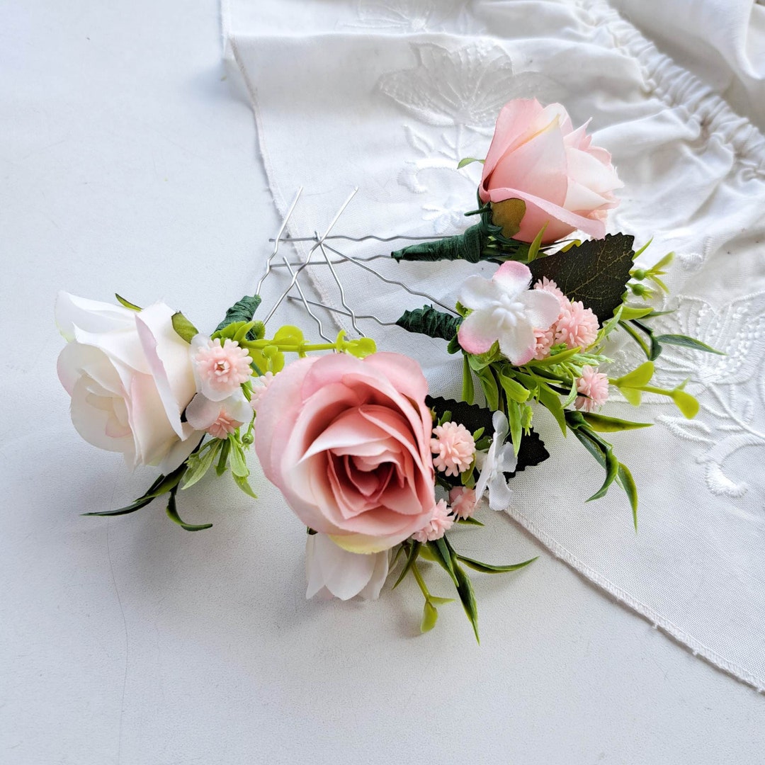 Blush Pink Flower Hair Pins Set Floral Hair Piece for Wedding Pale Pink