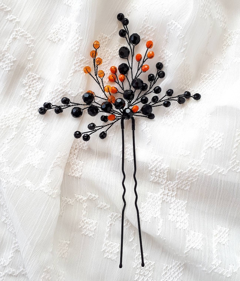 Black and orange gothic hair piece Black wedding hair pin image 4