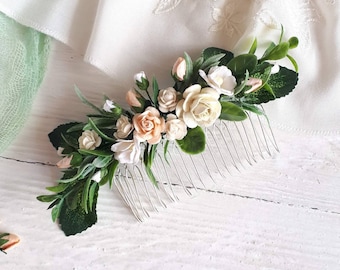 White floral hair comb Greenery hair piece