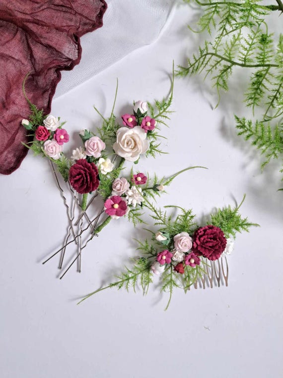 Marsala Wedding Flower Hairpiece Burgundy Greenery Bridal  display picture 3