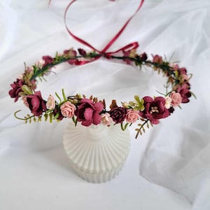 Burgundy wedding flower crown Marsala pink flower headpiece Rustic bridal flower crown Wedding boho flower crown