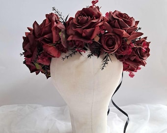 Burgundy wedding flower crown Dark red flower headpiece Red black bridal floral hairpiece Gothic flower crown